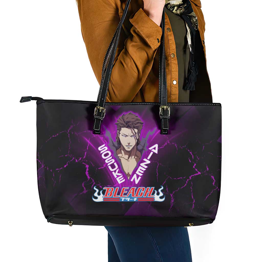 Sosuke Aizen Leather Tote Bag Neon Purple Anime Energy Aura Illustration