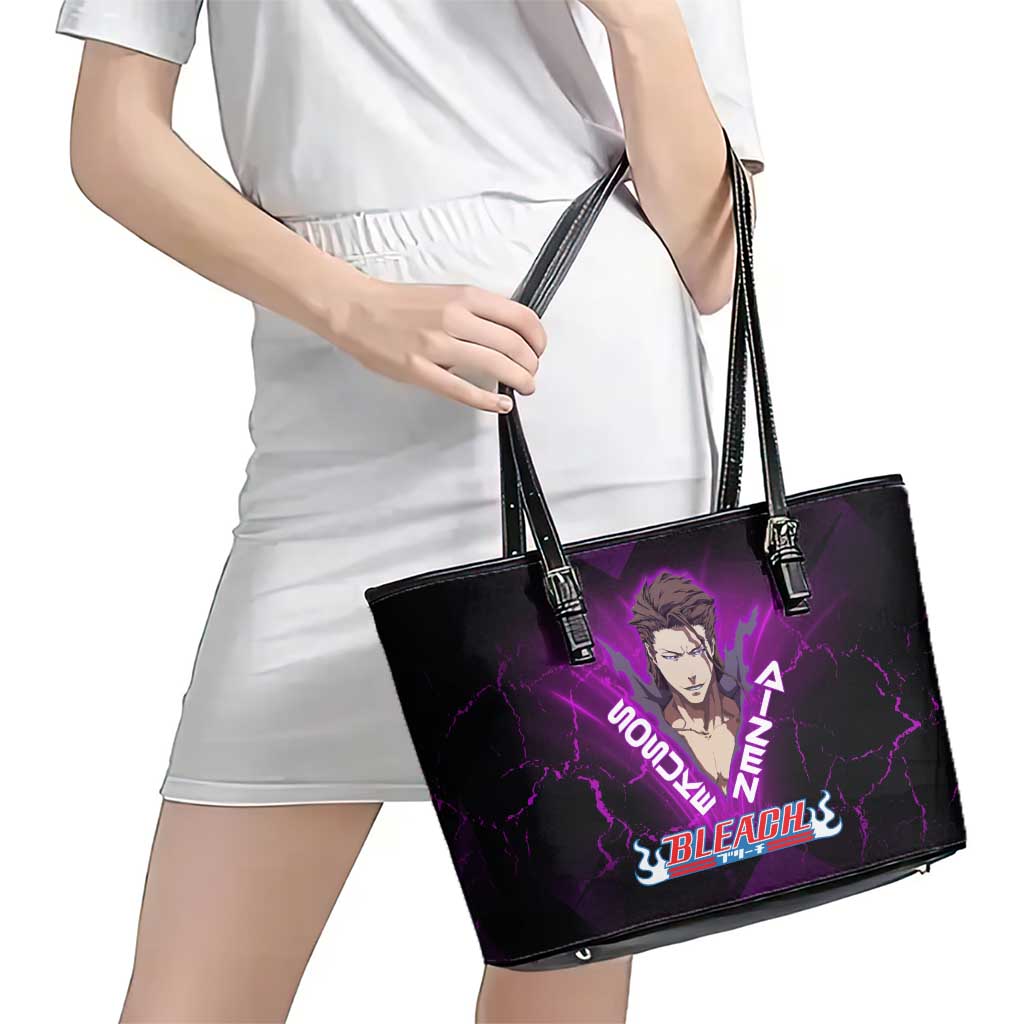 Sosuke Aizen Leather Tote Bag Neon Purple Anime Energy Aura Illustration