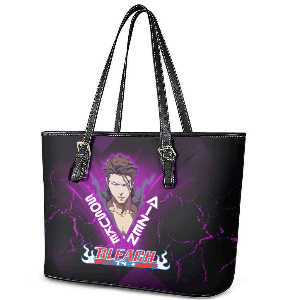 Sosuke Aizen Leather Tote Bag Neon Purple Anime Energy Aura Illustration
