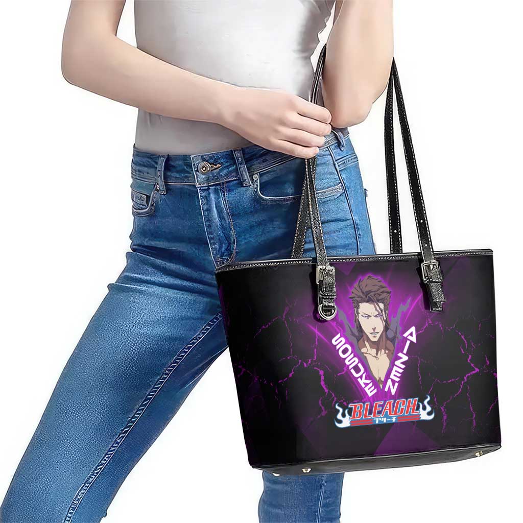 Sosuke Aizen Leather Tote Bag Neon Purple Anime Energy Aura Illustration