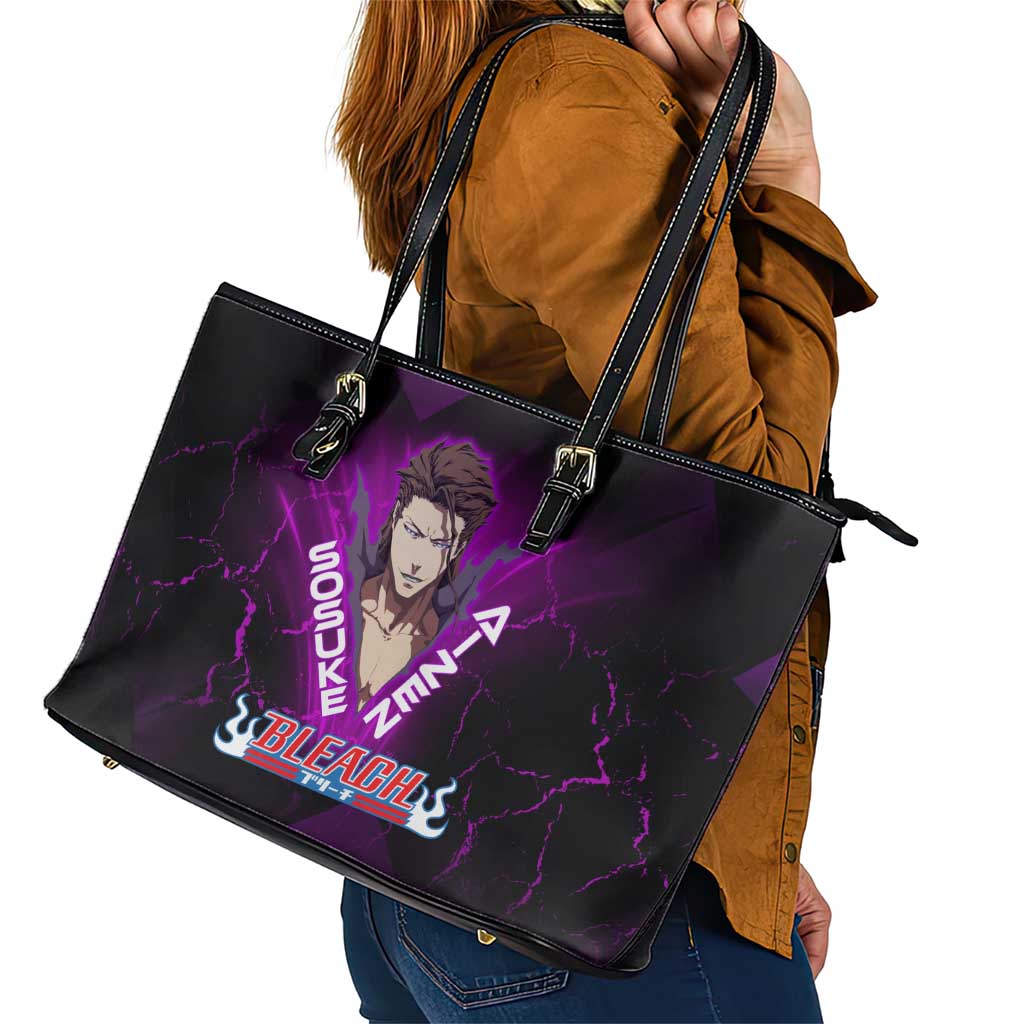 Sosuke Aizen Leather Tote Bag Neon Purple Anime Energy Aura Illustration