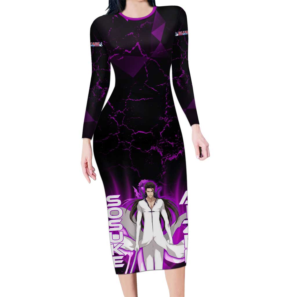 Sosuke Aizen Long Sleeve Bodycon Dress Neon Purple Anime Energy Aura Illustration