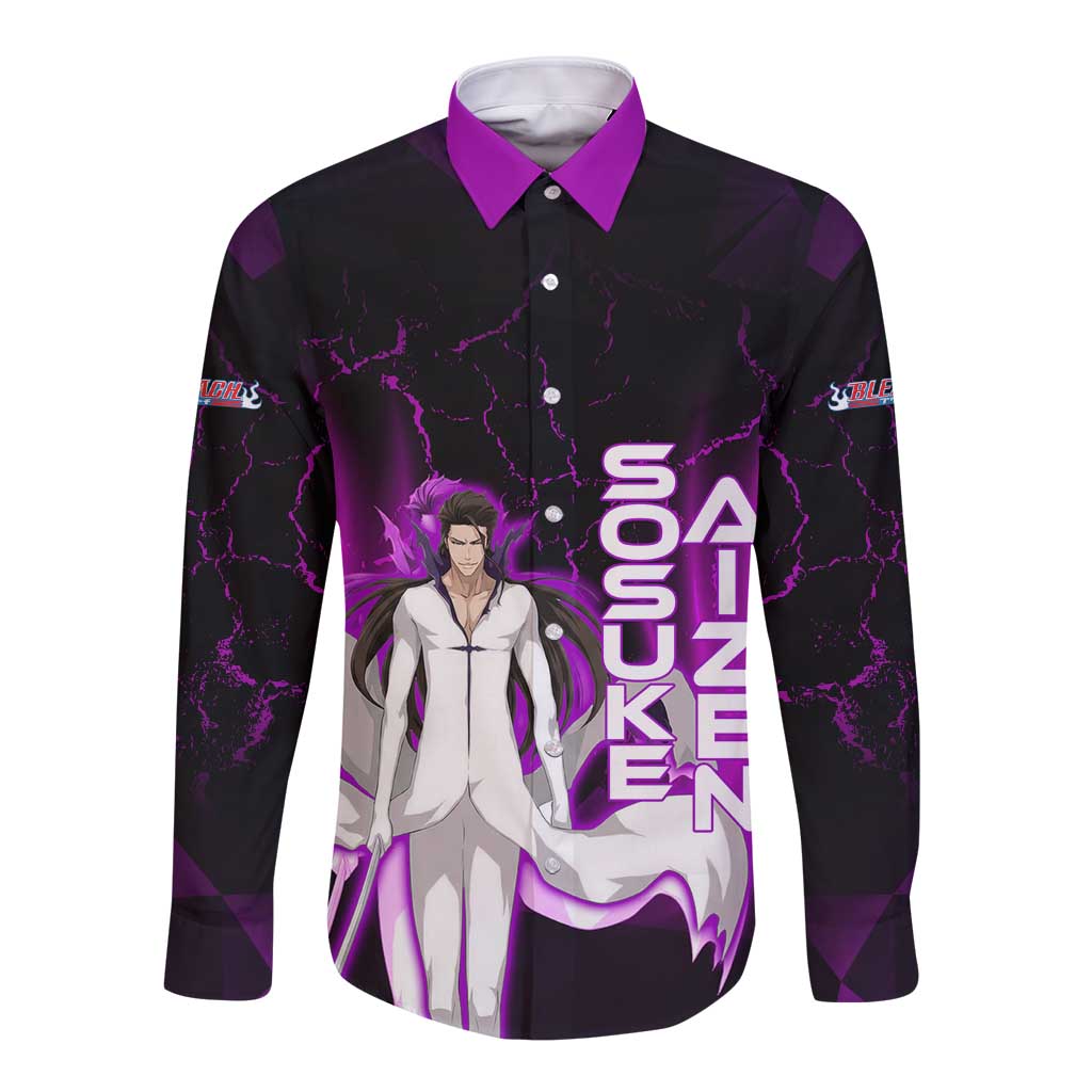 Sosuke Aizen Long Sleeve Button Shirt Neon Purple Anime Energy Aura Illustration