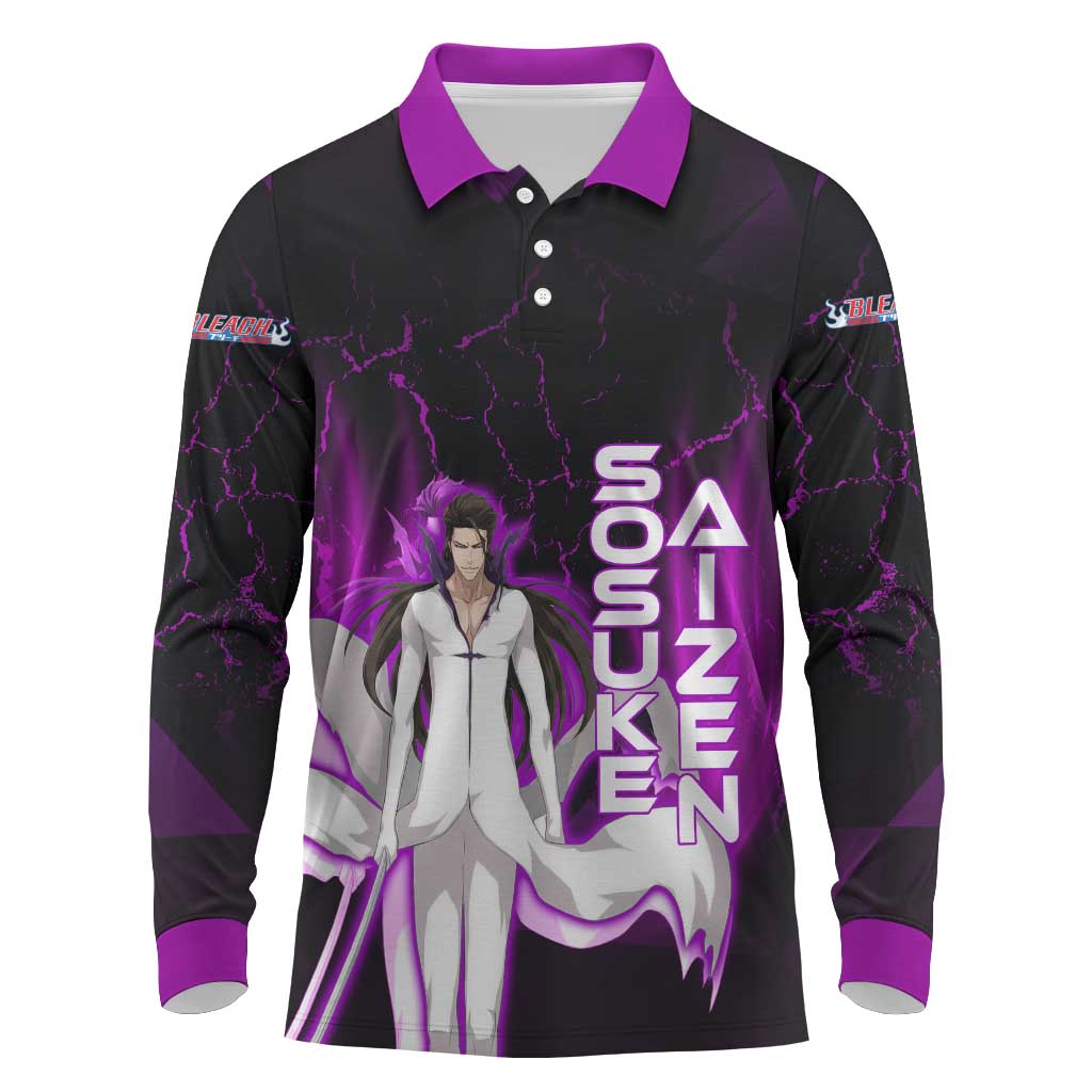 Sosuke Aizen Long Sleeve Polo Shirt Neon Purple Anime Energy Aura Illustration
