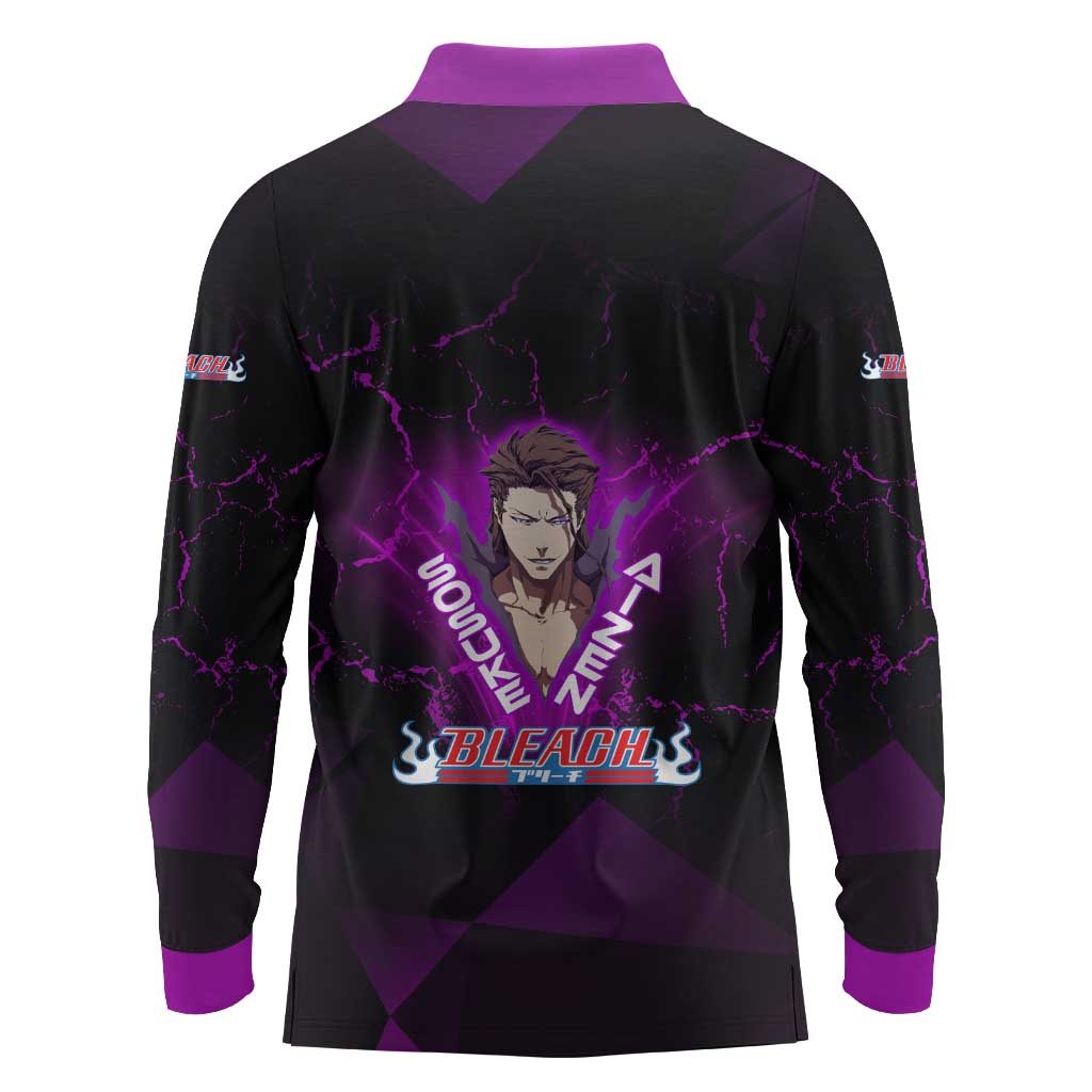 Sosuke Aizen Long Sleeve Polo Shirt Neon Purple Anime Energy Aura Illustration