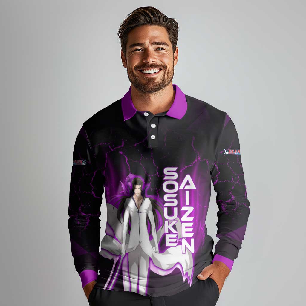 Sosuke Aizen Long Sleeve Polo Shirt Neon Purple Anime Energy Aura Illustration