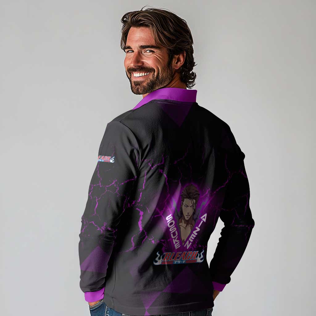 Sosuke Aizen Long Sleeve Polo Shirt Neon Purple Anime Energy Aura Illustration