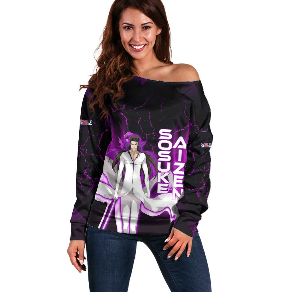 Sosuke Aizen Off Shoulder Sweater Neon Purple Anime Energy Aura Illustration
