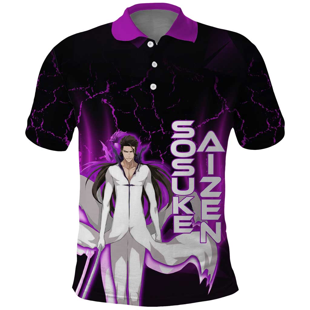 Sosuke Aizen Polo Shirt Neon Purple Anime Energy Aura Illustration
