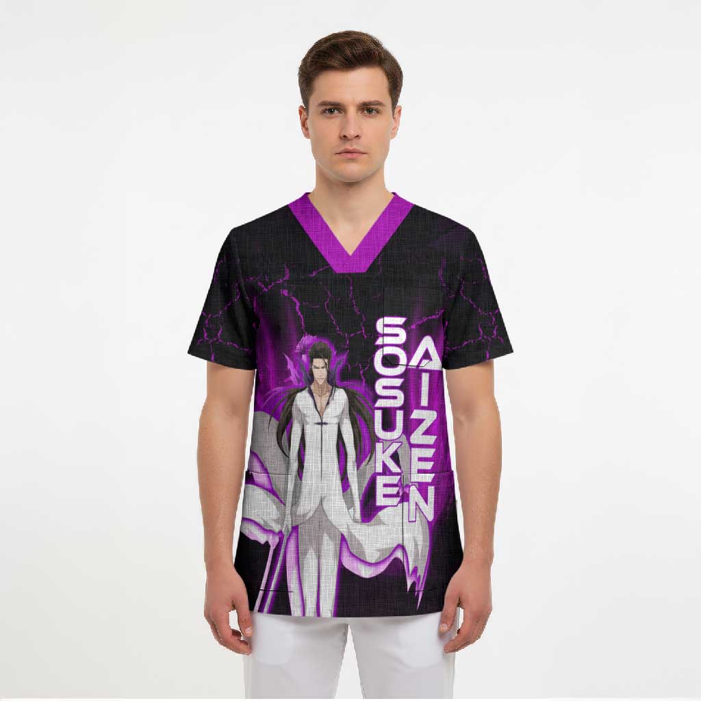 Sosuke Aizen Scrub Top Neon Purple Anime Energy Aura Illustration