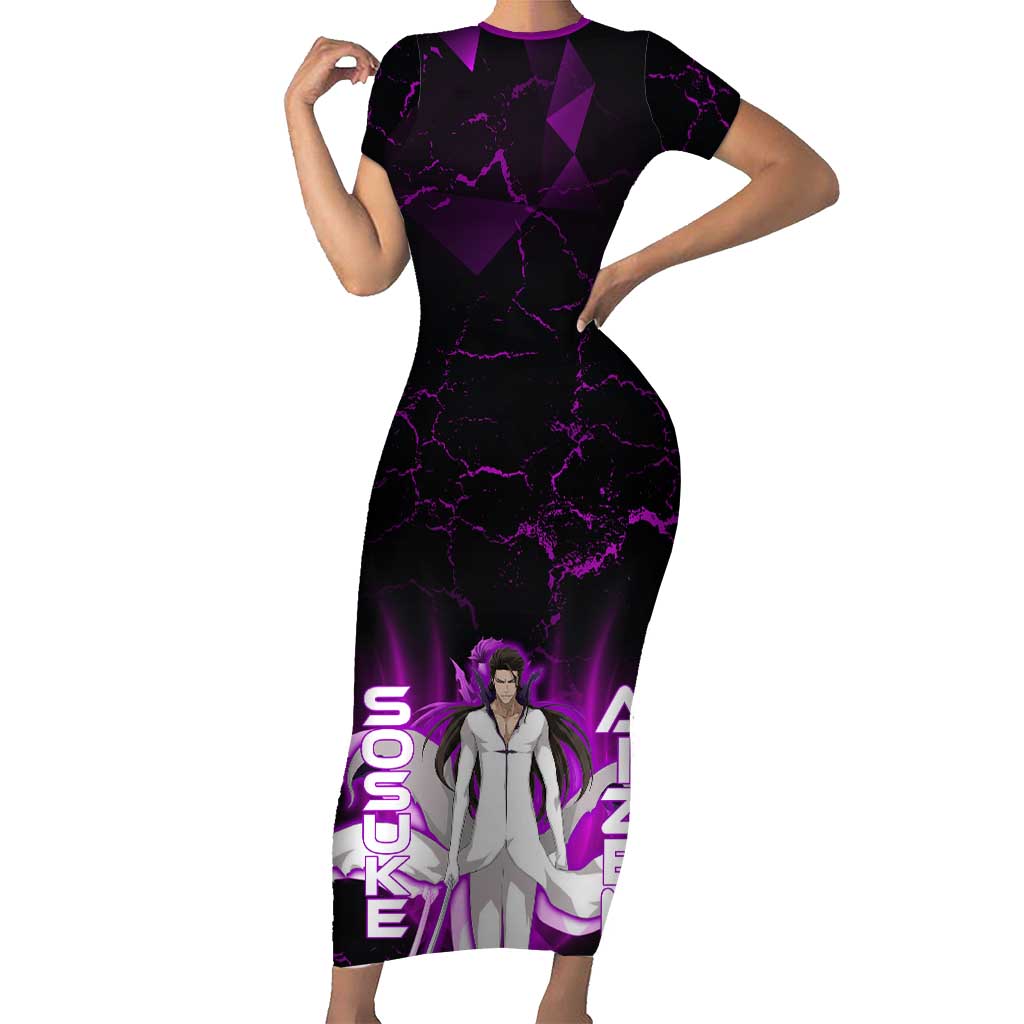 Sosuke Aizen Short Sleeve Bodycon Dress Neon Purple Anime Energy Aura Illustration