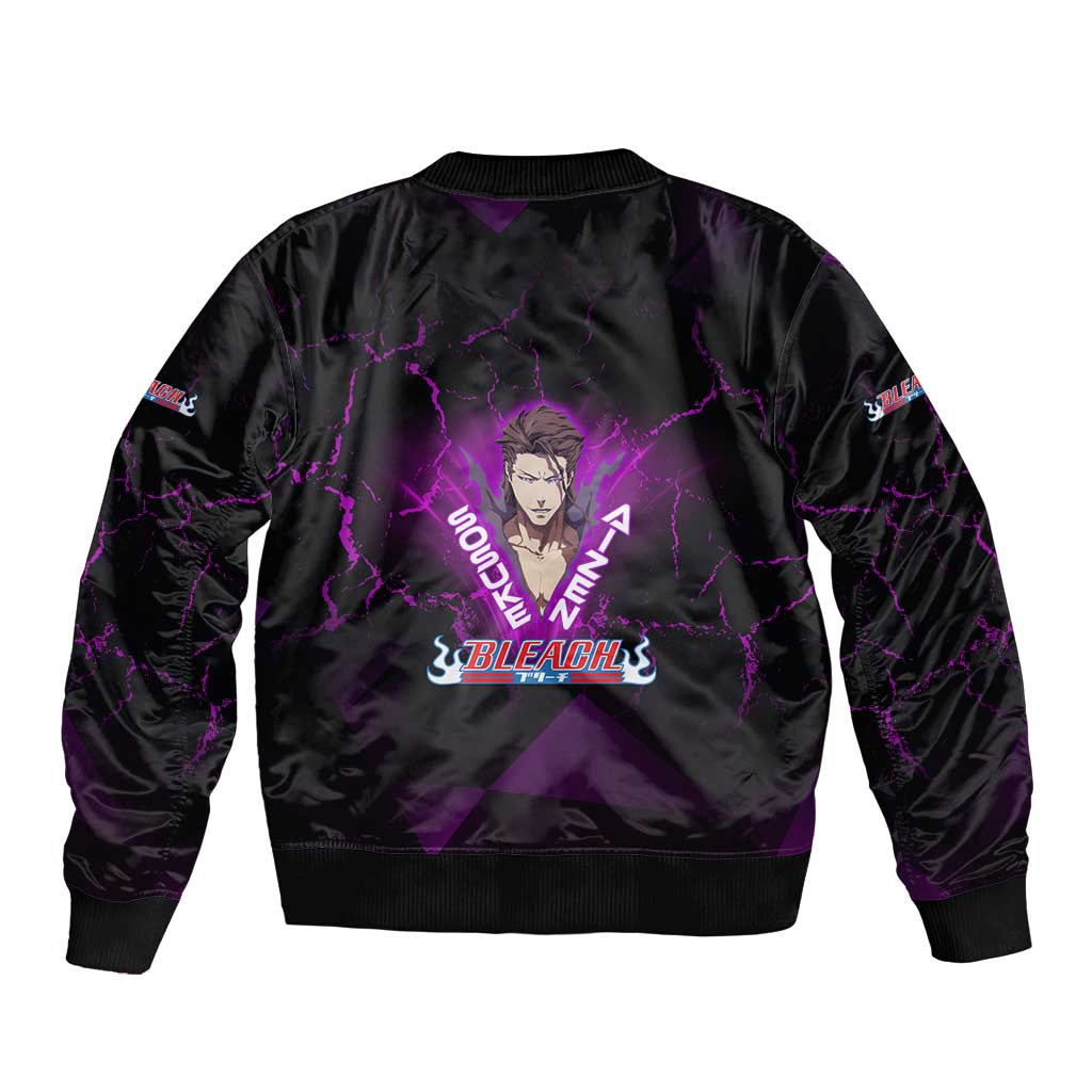 Sosuke Aizen Sleeve Zip Bomber Jacket Neon Purple Anime Energy Aura Illustration