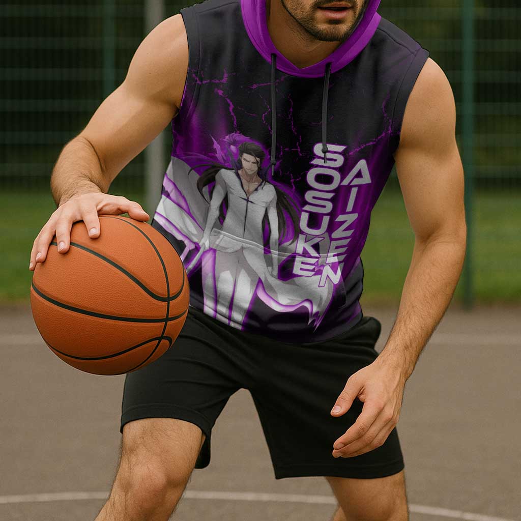 Sosuke Aizen Sleeveless Hoodie Neon Purple Anime Energy Aura Illustration