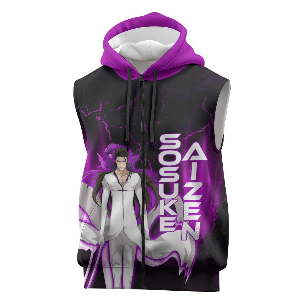Sosuke Aizen Sleeveless Zip Hoodie Neon Purple Anime Energy Aura Illustration