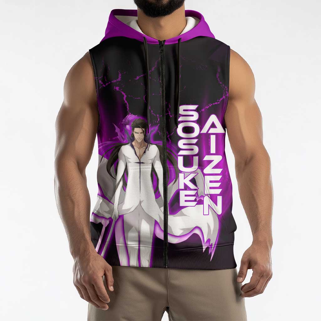 Sosuke Aizen Sleeveless Zip Hoodie Neon Purple Anime Energy Aura Illustration