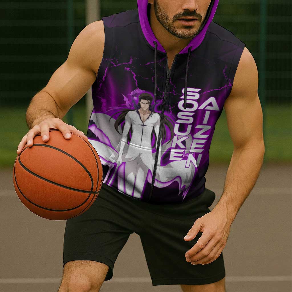 Sosuke Aizen Sleeveless Zip Hoodie Neon Purple Anime Energy Aura Illustration