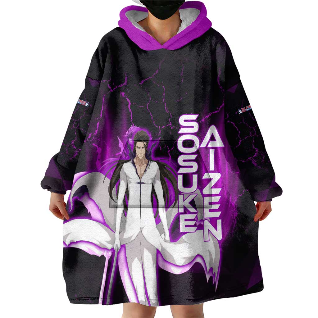 Sosuke Aizen Wearable Blanket Hoodie Neon Purple Anime Energy Aura Illustration
