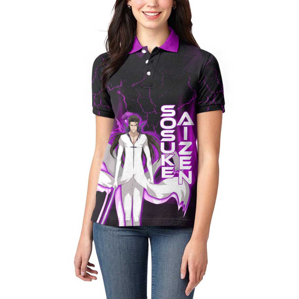 Sosuke Aizen Women Polo Shirt Neon Purple Anime Energy Aura Illustration