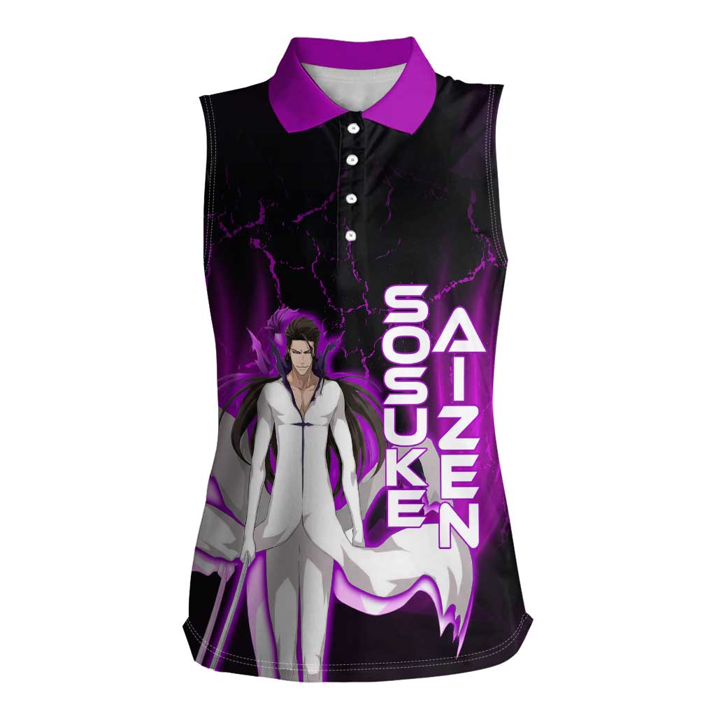 Sosuke Aizen Women Sleeveless Polo Shirt Neon Purple Anime Energy Aura Illustration