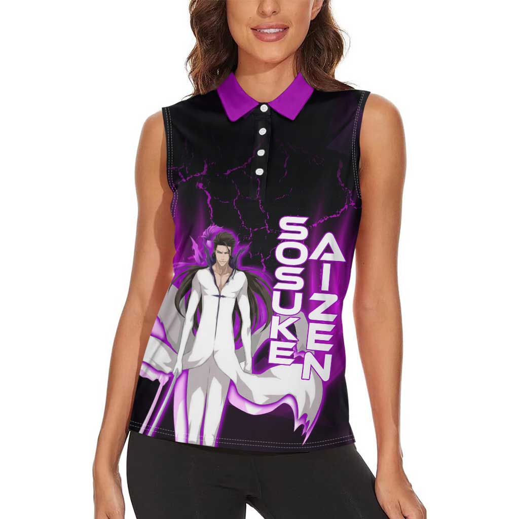 Sosuke Aizen Women Sleeveless Polo Shirt Neon Purple Anime Energy Aura Illustration