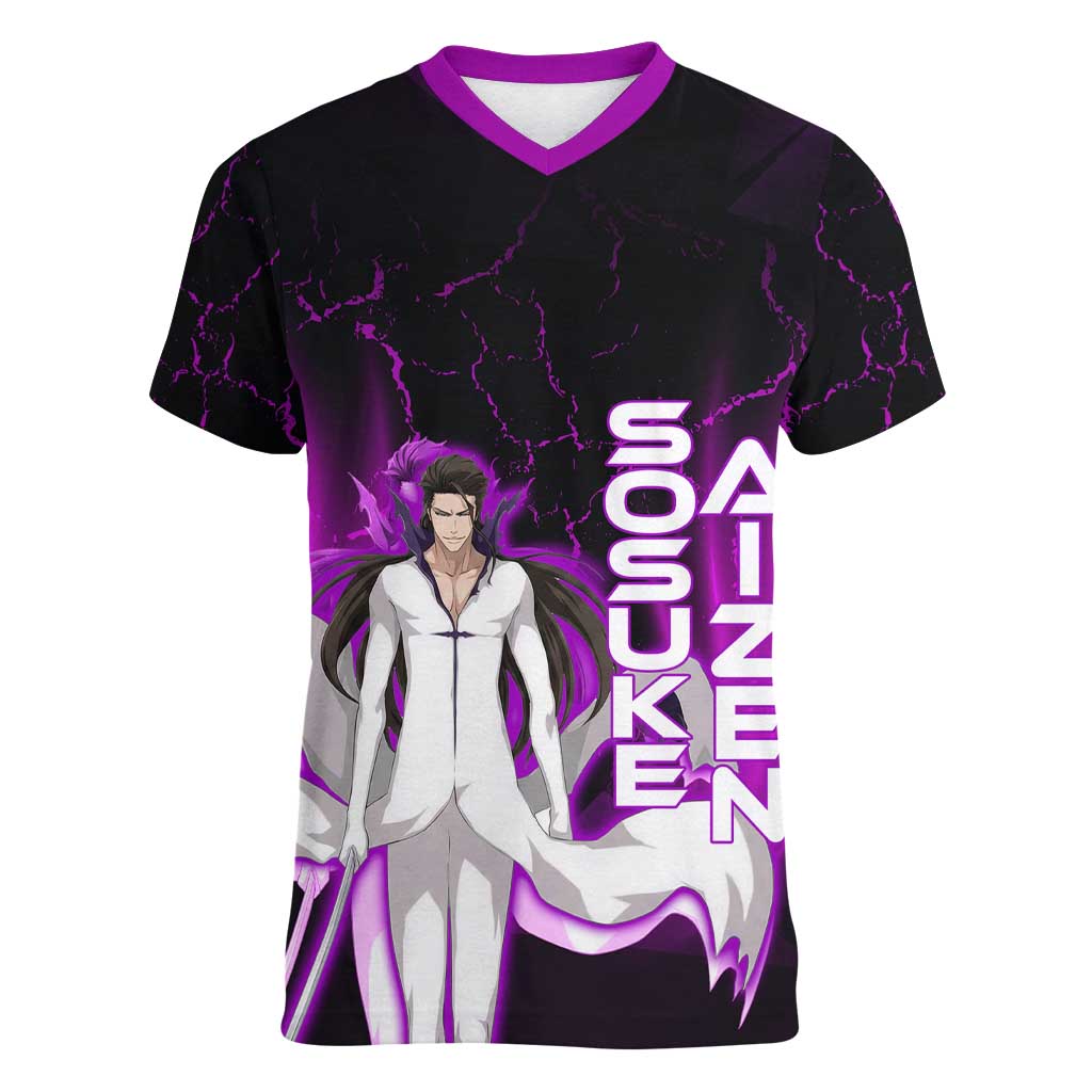 Sosuke Aizen Women V-Neck T-Shirt Neon Purple Anime Energy Aura Illustration