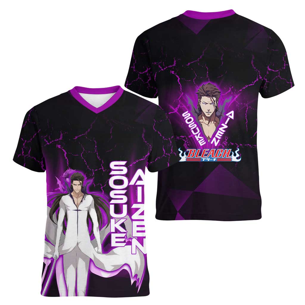 Sosuke Aizen Women V-Neck T-Shirt Neon Purple Anime Energy Aura Illustration