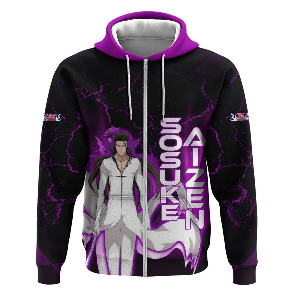 Sosuke Aizen Zip Hoodie Neon Purple Anime Energy Aura Illustration