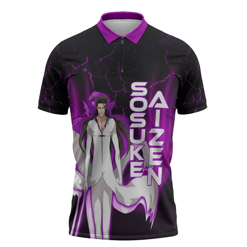 Sosuke Aizen Zipper Polo Shirt Neon Purple Anime Energy Aura Illustration