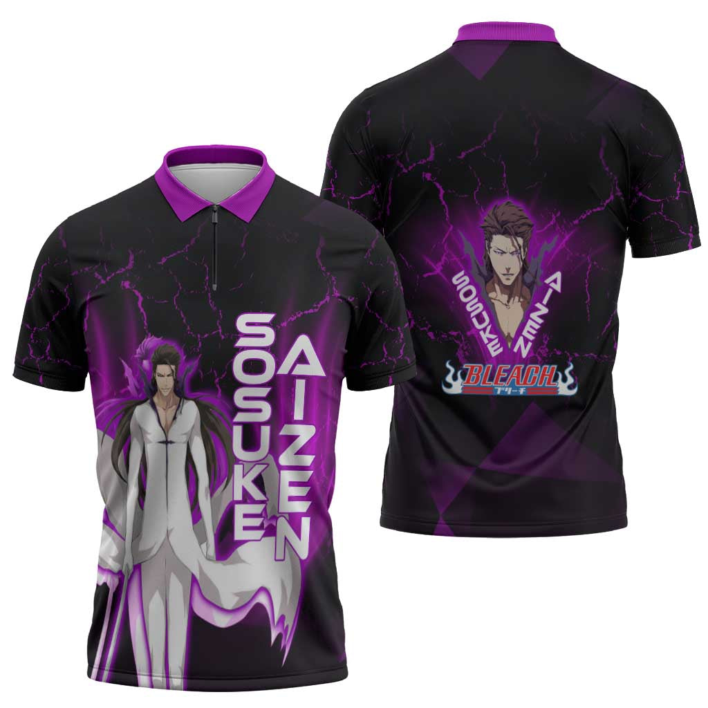 Sosuke Aizen Zipper Polo Shirt Neon Purple Anime Energy Aura Illustration