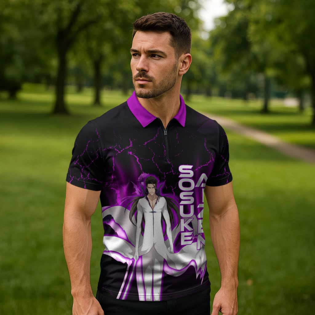 Sosuke Aizen Zipper Polo Shirt Neon Purple Anime Energy Aura Illustration