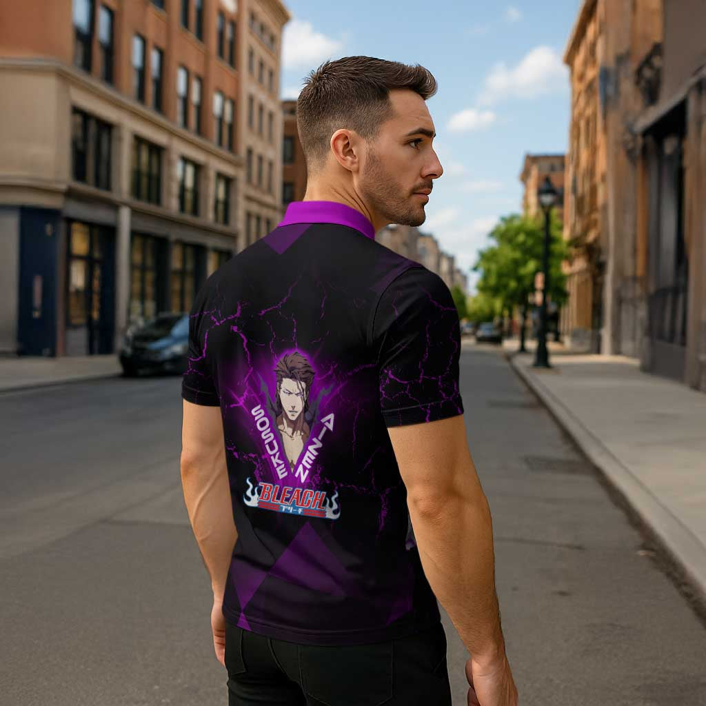 Sosuke Aizen Zipper Polo Shirt Neon Purple Anime Energy Aura Illustration