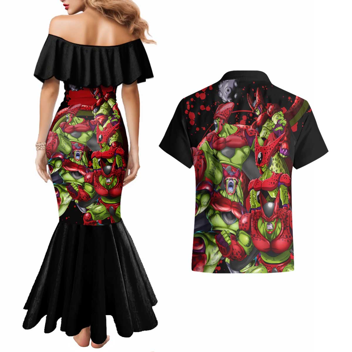 Cell Max - Dragon Ball Couples Matching Mermaid Dress and Hawaiian Shirt Anime Art Style - The Mazicc