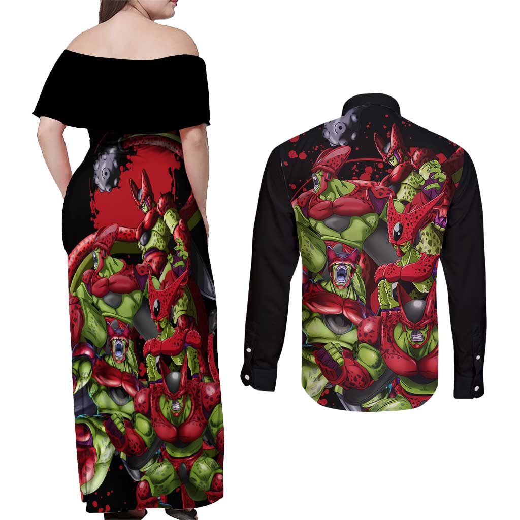 Cell Max - Dragon Ball Couples Matching Off Shoulder Maxi Dress and Long Sleeve Button Shirt Anime Art Style - The Mazicc