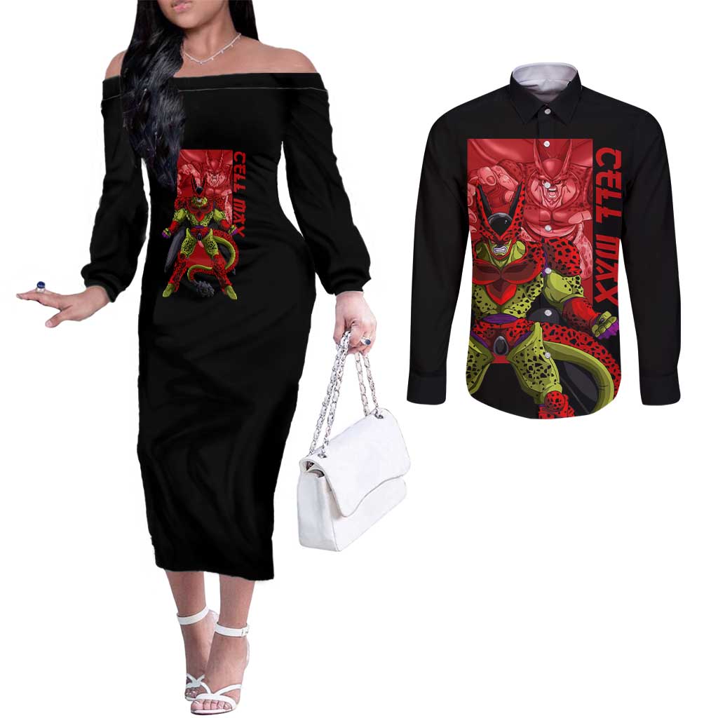 Cell Max - Dragon Ball Couples Matching Off The Shoulder Long Sleeve Dress and Long Sleeve Button Shirt Anime Art Style - The Mazicc