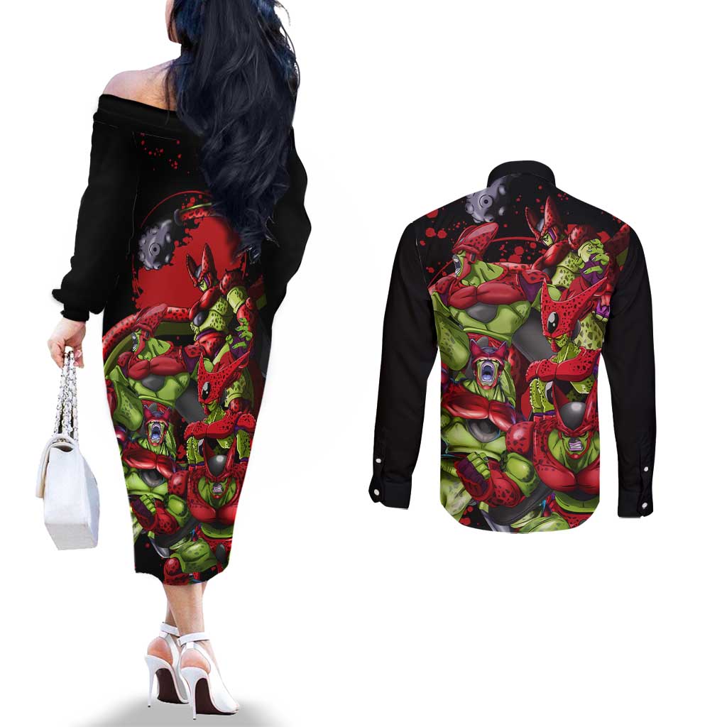 Cell Max - Dragon Ball Couples Matching Off The Shoulder Long Sleeve Dress and Long Sleeve Button Shirt Anime Art Style - The Mazicc