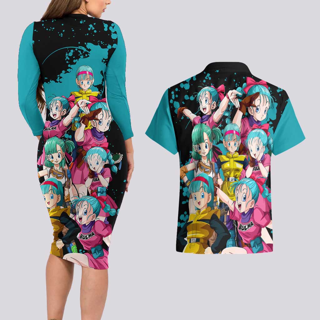 Bulma - Dragon Ball Couples Matching Long Sleeve Bodycon Dress and Hawaiian Shirt Anime Art Style - The Mazicc