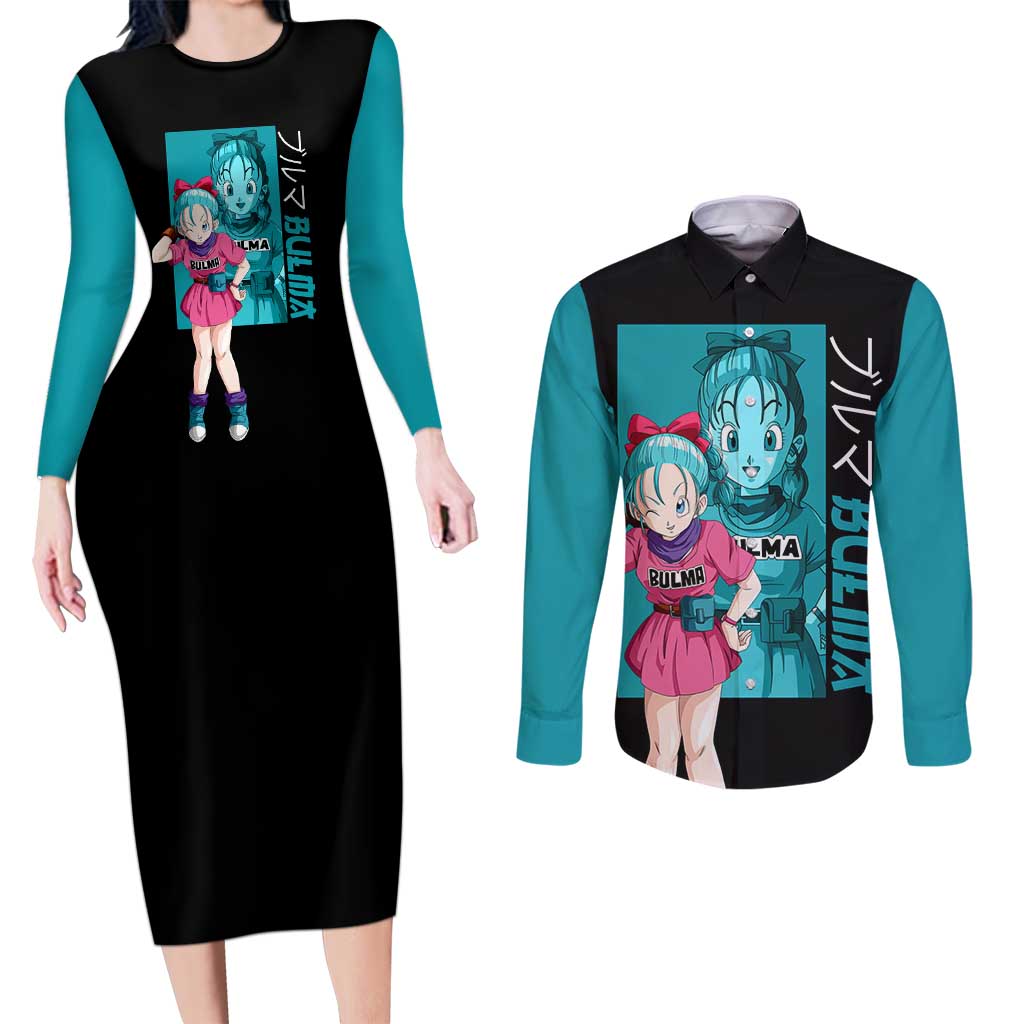 Bulma - Dragon Ball Couples Matching Long Sleeve Bodycon Dress and Long Sleeve Button Shirt Anime Art Style - The Mazicc