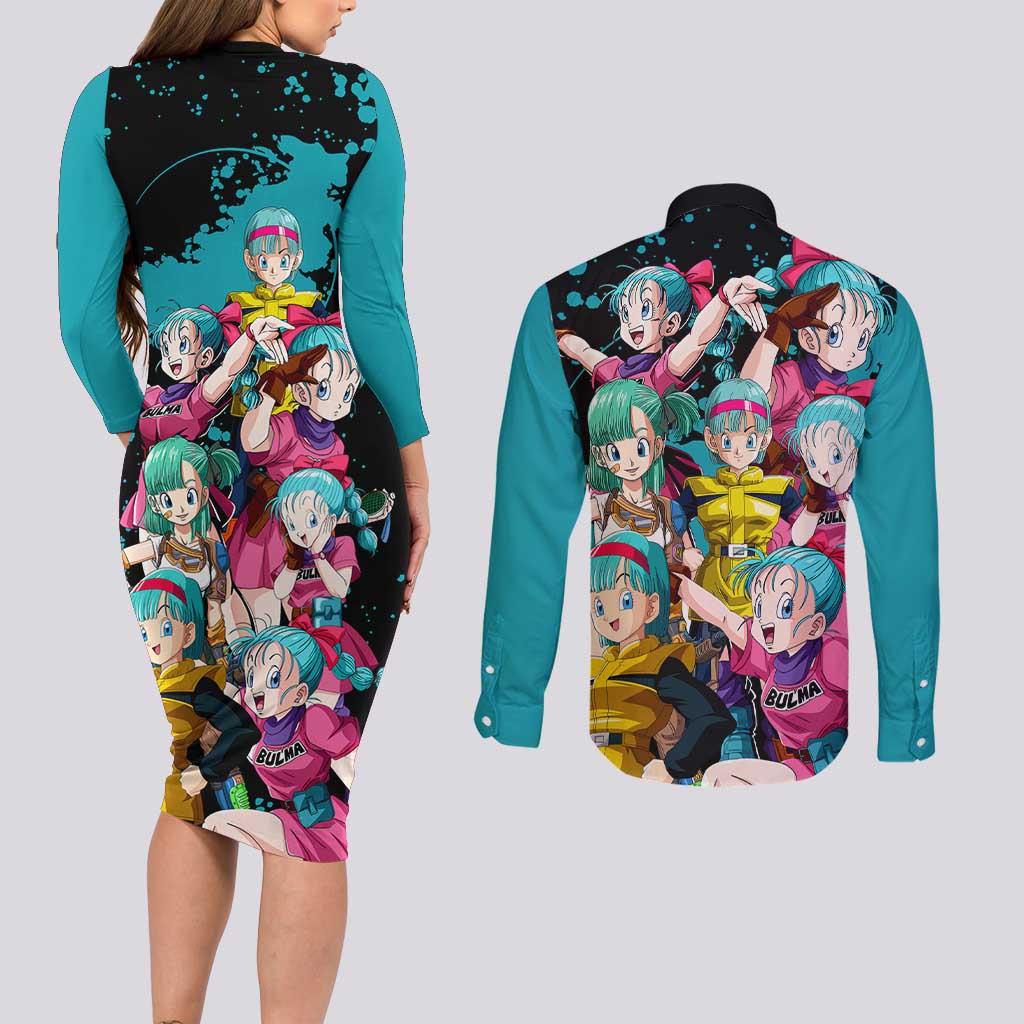 Bulma - Dragon Ball Couples Matching Long Sleeve Bodycon Dress and Long Sleeve Button Shirt Anime Art Style - The Mazicc