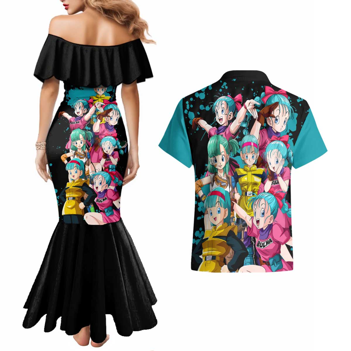 Bulma - Dragon Ball Couples Matching Mermaid Dress and Hawaiian Shirt Anime Art Style - The Mazicc