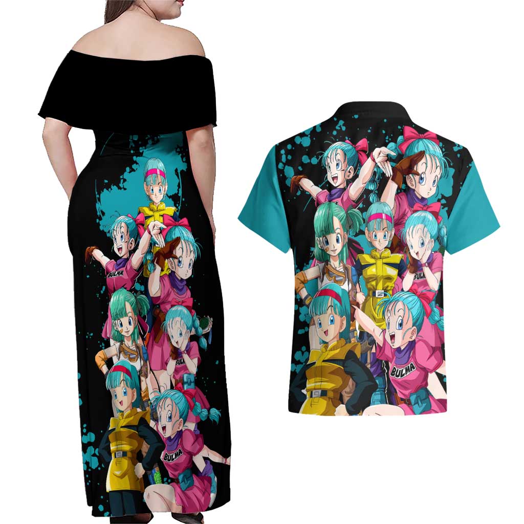 Bulma - Dragon Ball Couples Matching Off Shoulder Maxi Dress and Hawaiian Shirt Anime Art Style - The Mazicc