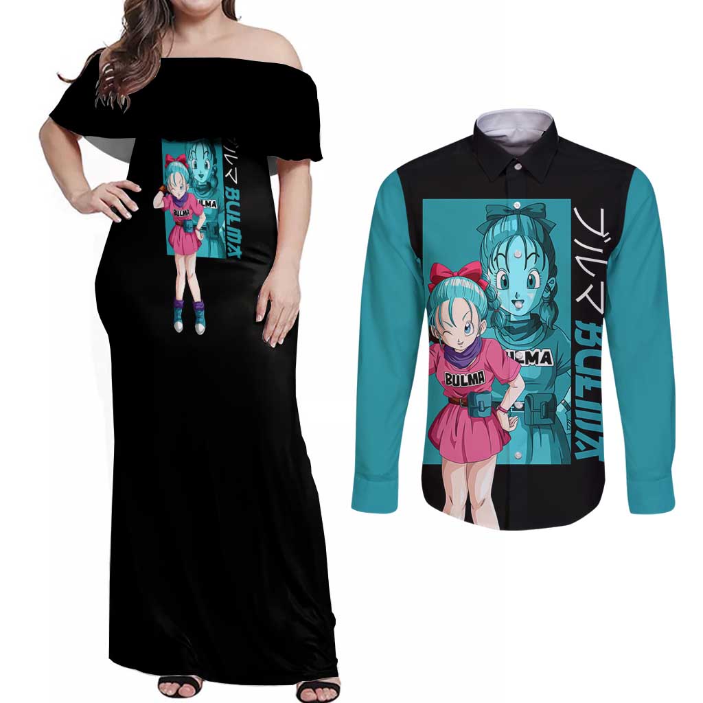 Bulma - Dragon Ball Couples Matching Off Shoulder Maxi Dress and Long Sleeve Button Shirt Anime Art Style - The Mazicc