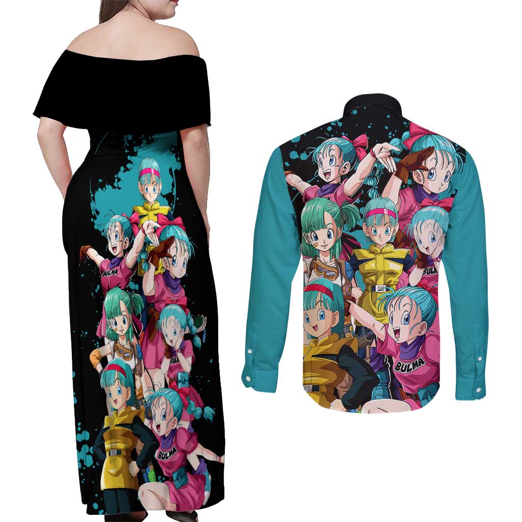 Bulma - Dragon Ball Couples Matching Off Shoulder Maxi Dress and Long Sleeve Button Shirt Anime Art Style - The Mazicc