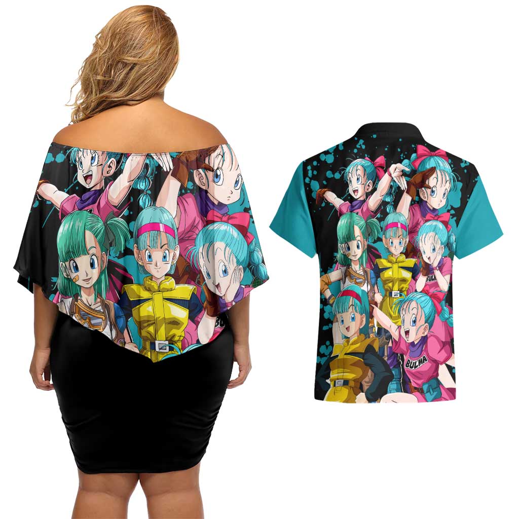 Bulma - Dragon Ball Couples Matching Off Shoulder Short Dress and Hawaiian Shirt Anime Art Style - The Mazicc