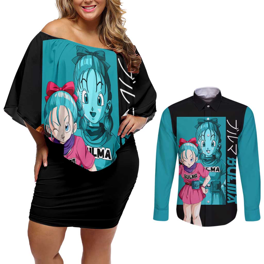 Bulma - Dragon Ball Couples Matching Off Shoulder Short Dress and Long Sleeve Button Shirt Anime Art Style - The Mazicc