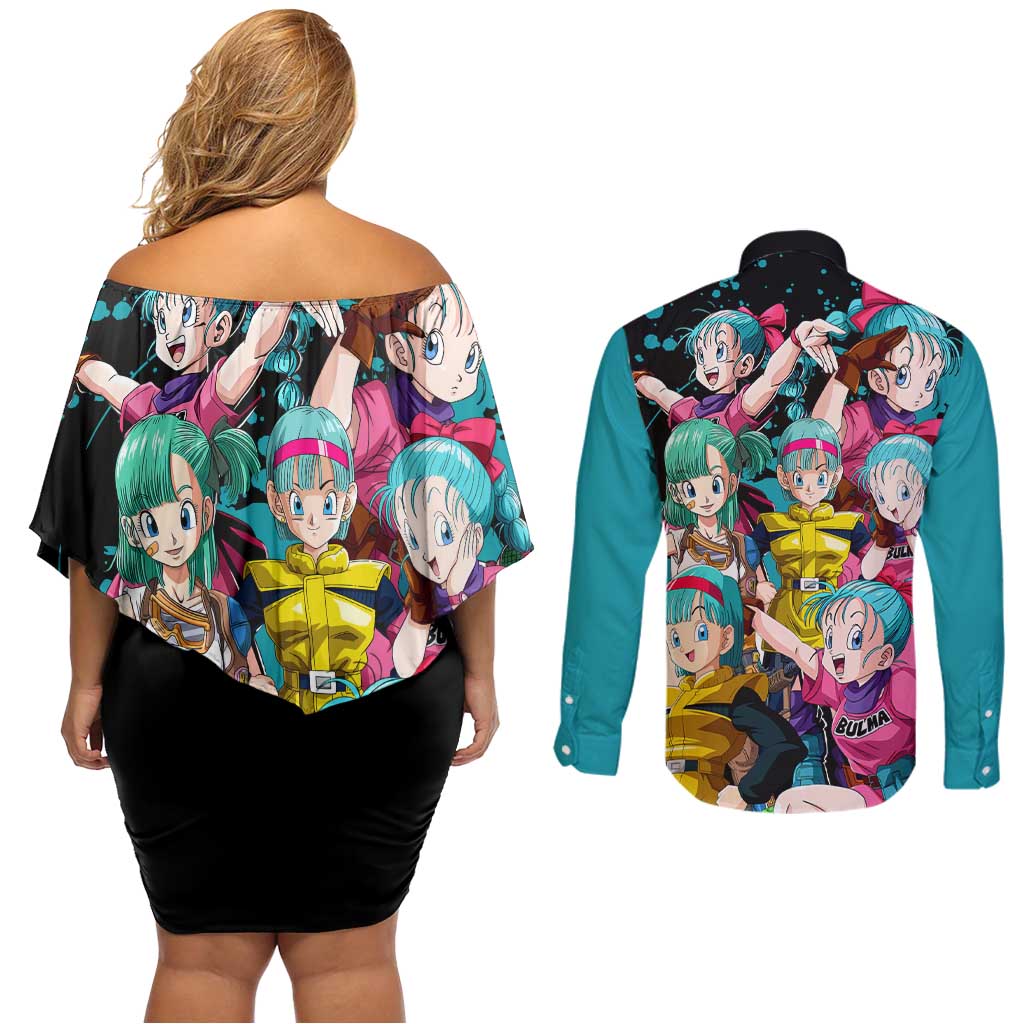 Bulma - Dragon Ball Couples Matching Off Shoulder Short Dress and Long Sleeve Button Shirt Anime Art Style - The Mazicc