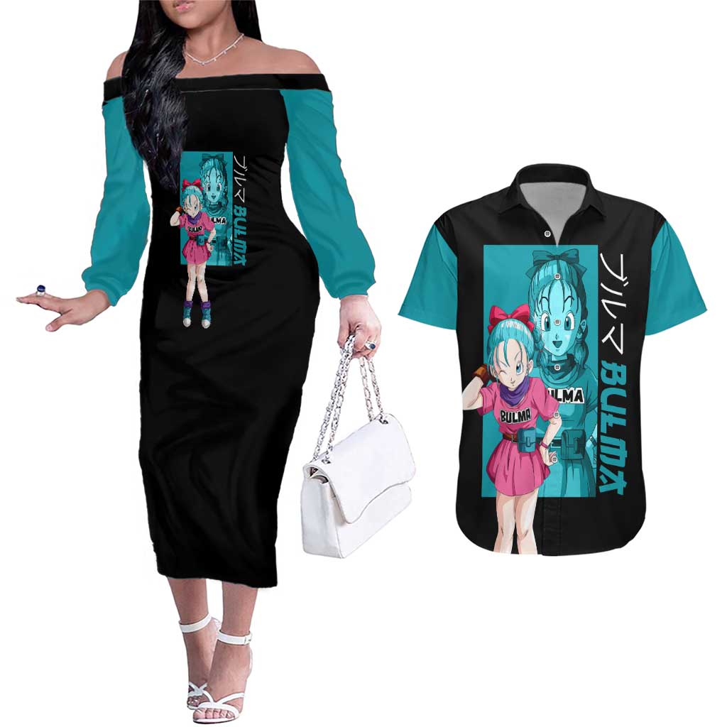 Bulma - Dragon Ball Couples Matching Off The Shoulder Long Sleeve Dress and Hawaiian Shirt Anime Art Style - The Mazicc