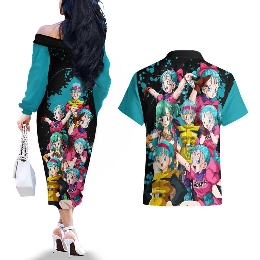 Bulma - Dragon Ball Couples Matching Off The Shoulder Long Sleeve Dress and Hawaiian Shirt Anime Art Style - The Mazicc