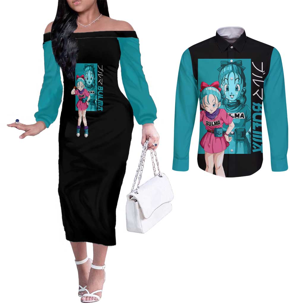 Bulma - Dragon Ball Couples Matching Off The Shoulder Long Sleeve Dress and Long Sleeve Button Shirt Anime Art Style - The Mazicc