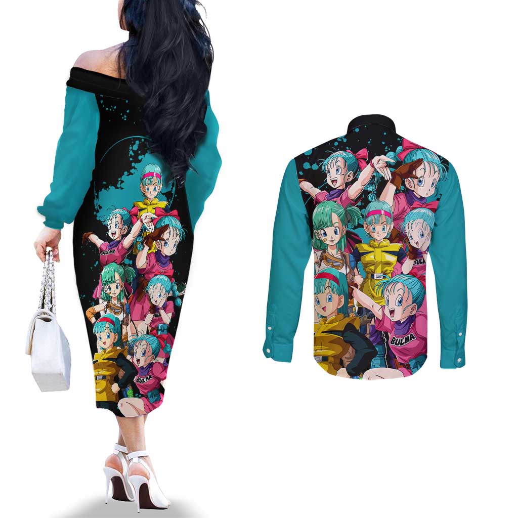 Bulma - Dragon Ball Couples Matching Off The Shoulder Long Sleeve Dress and Long Sleeve Button Shirt Anime Art Style - The Mazicc