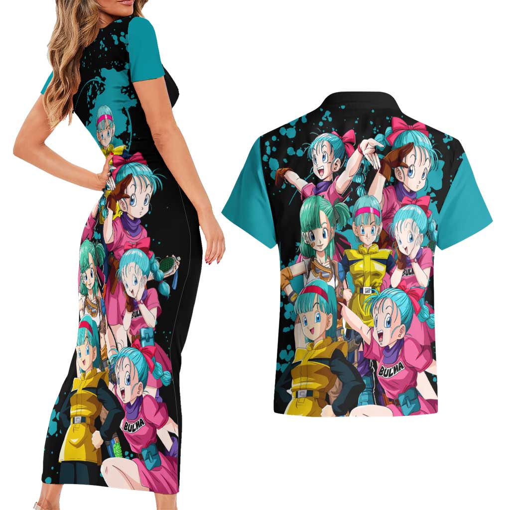 Bulma - Dragon Ball Couples Matching Short Sleeve Bodycon Dress and Hawaiian Shirt Anime Art Style - The Mazicc
